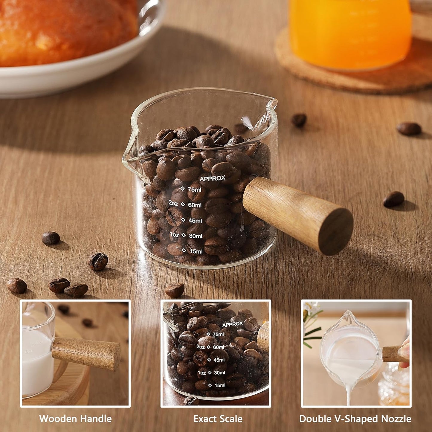 VRUIFA 2 Pack Measuring Cups, Espresso Shot Glass with Wood Handle, Clear Glass with Dual Scale, Espresso Accessories with Double Spouts, 2.5 OZ /75 ML