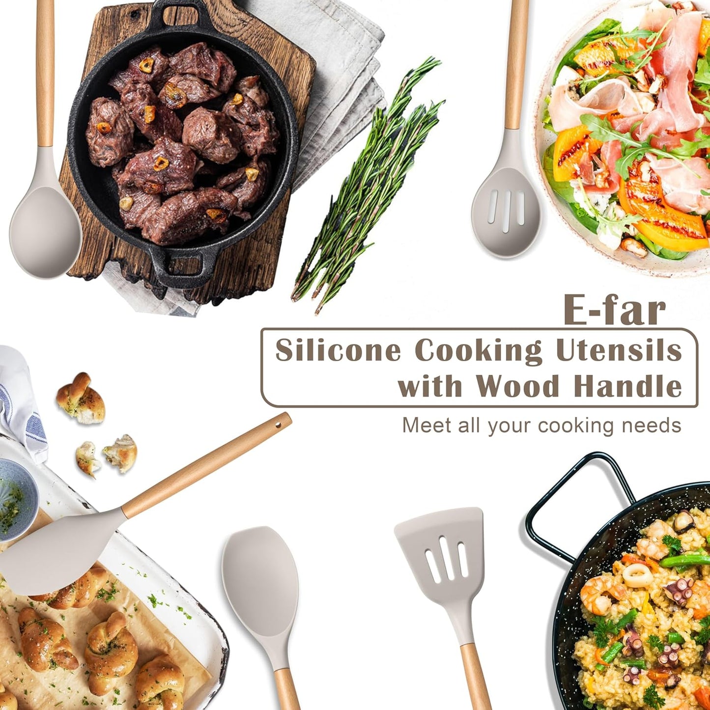 E-far Silicone Cooking Utensils Set, 10-Piece Heat Resistant Kitchen Utensils Set with Wooden Handle for Nonstick Cookware, Kitchen Nonstick Tools Spatula Whisk Tongs Ladle, Non-toxic & Healthy(Khaki)