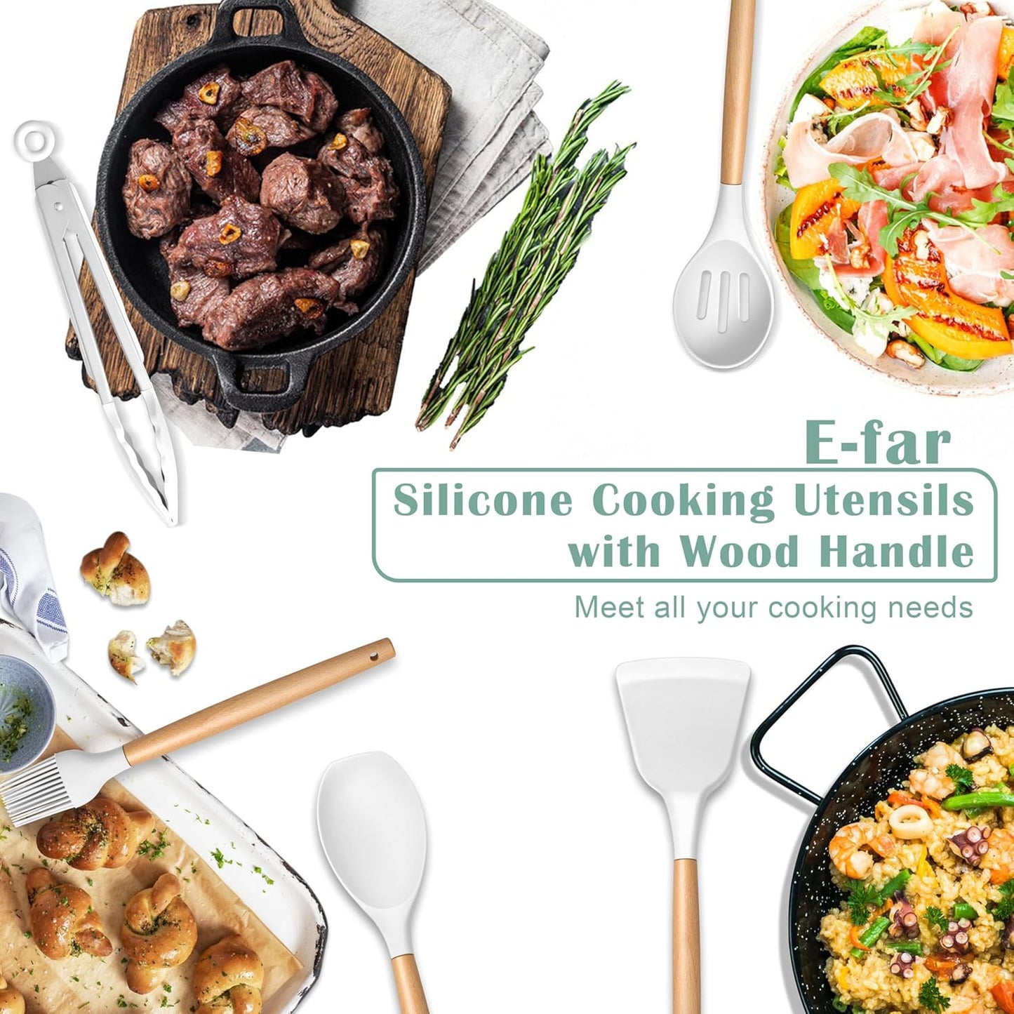 E-far Silicone Cooking Utensils Set, 10-Piece Heat Resistant Kitchen Utensils Set with Wooden Handle for Nonstick Cookware, Kitchen Nonstick Tools Spatula Whisk Tongs Ladle, Non-toxic & Healthy(Khaki)