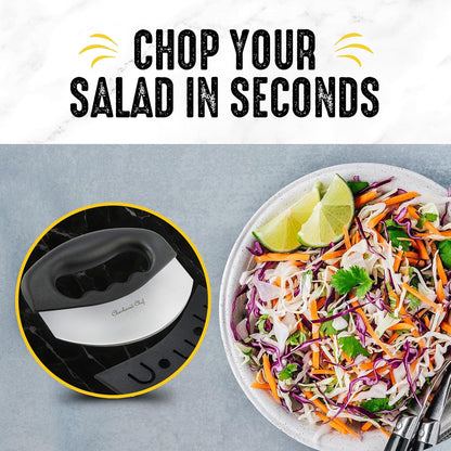 Checkered Chef Salad Chopper Tool, Mezzaluna Knife Stainless Steel Vegetable Rocker