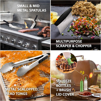 Stainless Steel Metal Spatula Set - Teppaniyaki Spatulas - Griddle Scraper Flat Spatula Pancake Flipper Hamburger Turner - Metal Utensil great for BBQ Grill Flat Top Cast Iron Griddle Accessories