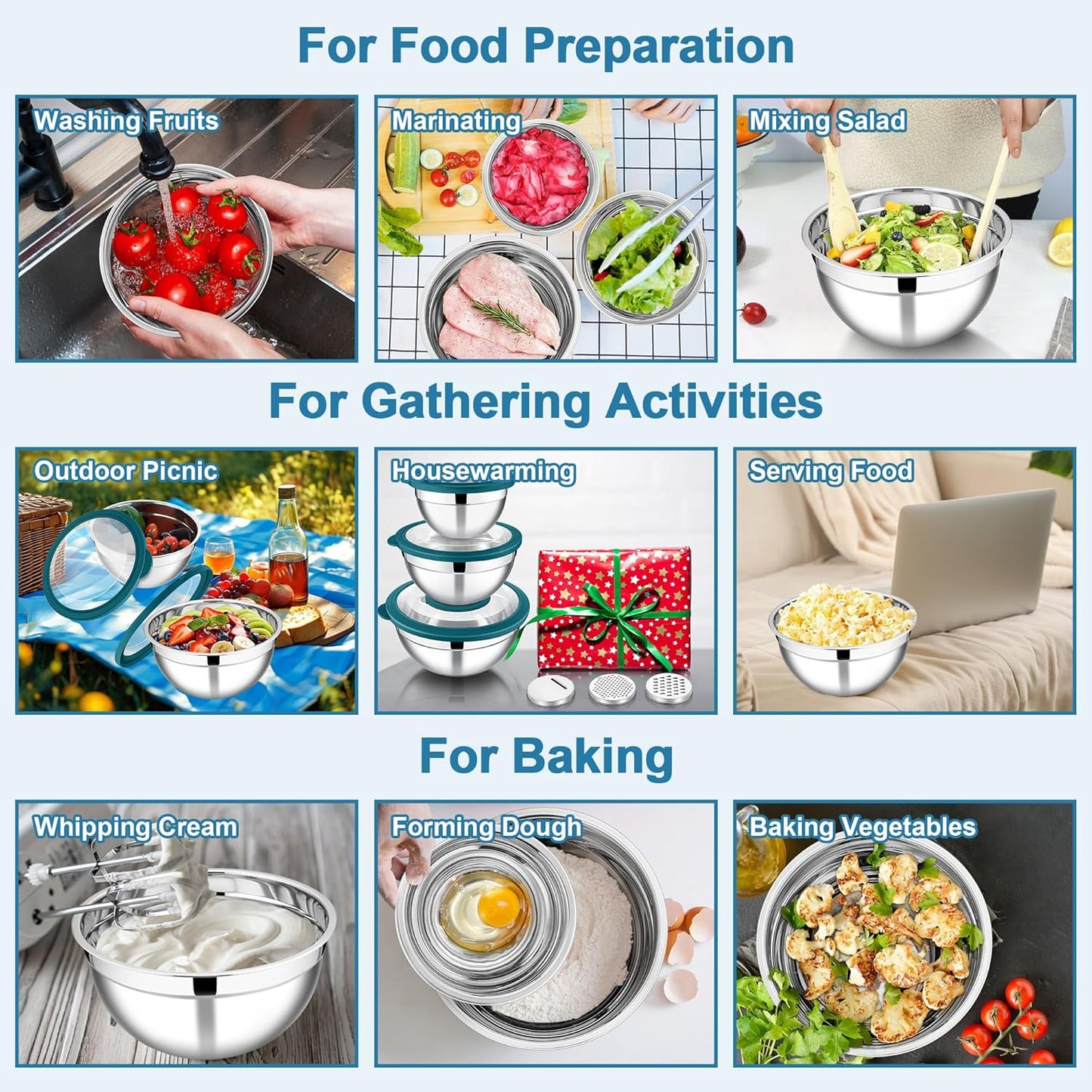 E-far Mixing Bowls Set of 5, Stainless Steel Salad Mixing Bowl with Transparent Lid, Metal Nesting Bowl Attach with 3 Graters for Kitchen Prepping/Serving/Baking/Storage, 4.6/2.6/1.5/1/0.7 QT - Khaki