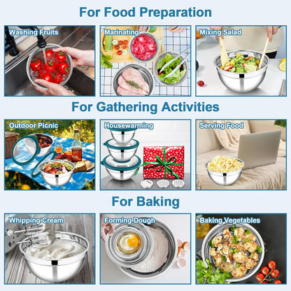 E-far Mixing Bowls Set of 5, Stainless Steel Salad Mixing Bowl with Transparent Lid, Metal Nesting Bowl Attach with 3 Graters for Kitchen Prepping/Serving/Baking/Storage, 4.6/2.6/1.5/1/0.7 QT - Khaki