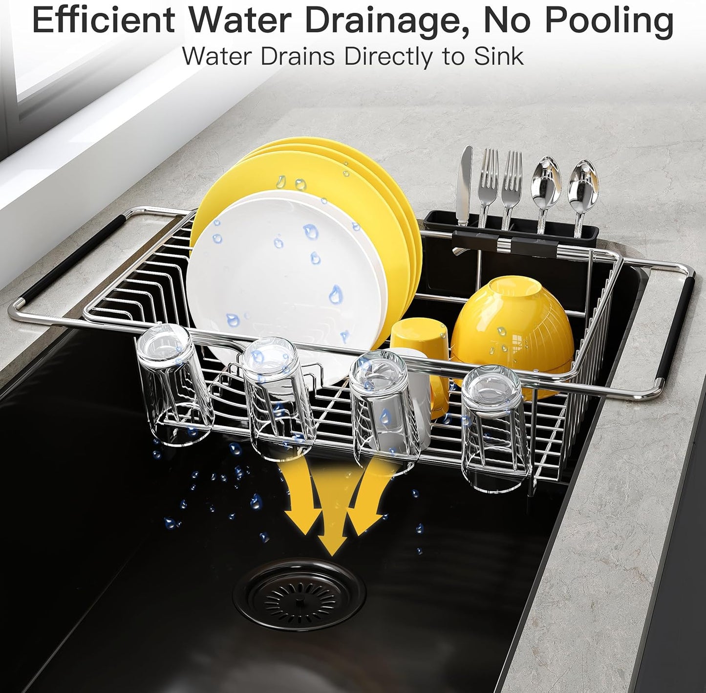 JASIWAY Roll Up Dish Drying Rack, Expandable (12.8"-23.8" D x 12.8" W) Stainless Steel Portable Drainer for Kitchen Sink Counter, Foldable Over The Sink Cover with Removable Utensil Holder