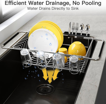 JASIWAY Roll Up Dish Drying Rack, Expandable (12.8"-23.8" D x 12.8" W) Stainless Steel Portable Drainer for Kitchen Sink Counter, Foldable Over The Sink Cover with Removable Utensil Holder