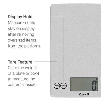 Escali Arti Glass Food Scale Digital Countertop Kitchen, Baking and Cooking Scale with Nutrition and Calorie Counter, 15-Pound Capacity, 9" x 6.5" x .75", Gray Storm