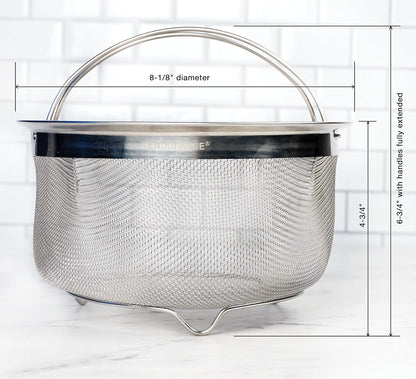 RSVP International Mesh Colander Strainer Basket with Folding Handles, 3 Quarts | For Pasta, Frying, & Salads | Dishwasher Safe | Use in Pressure Cookers | Steaming, Draining & Rinsing