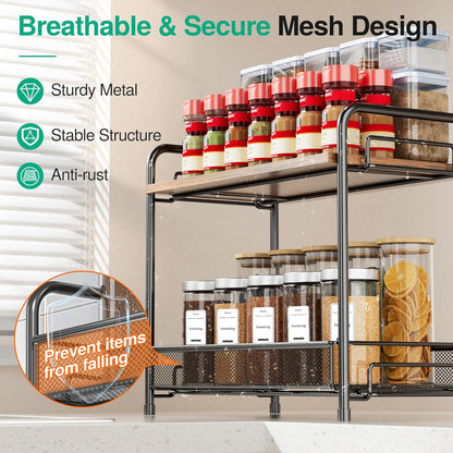 Spice Rack Organizer for Countertop,Xpatee 2-Tier Foldable Metal Rust-Proof Standing Large Seasoning Storage Shelf with Guardrail and Mesh Design for Kitchen Cabinet Bathroom Living Room Pantry, Black