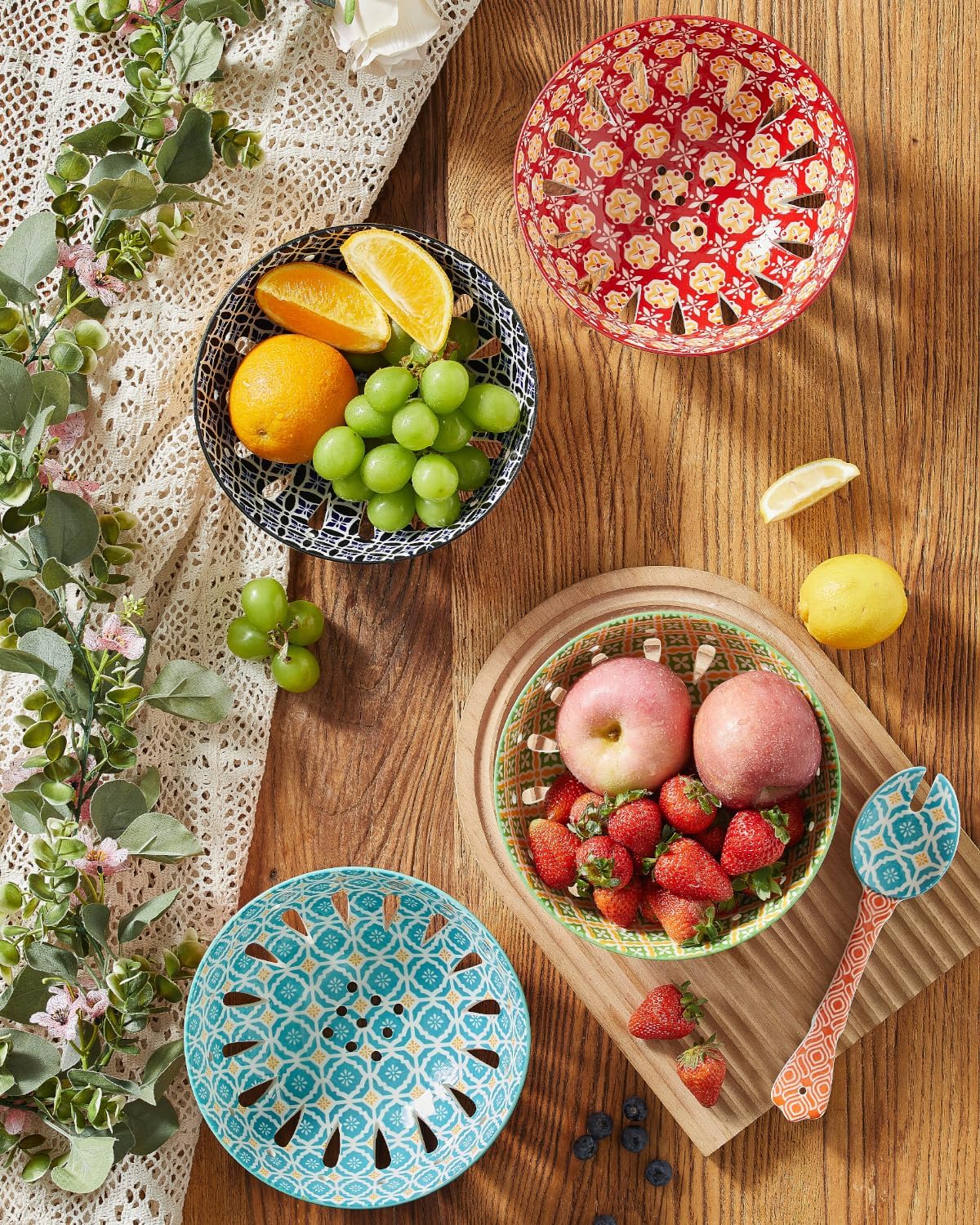 Metahom Ceramic Berry Basket, 6" Colorful Fruit Bowl, Round Berry Colander, Cute Small Container for Strawberry, Fruit Basket for Kitchen Counter, Set of 4