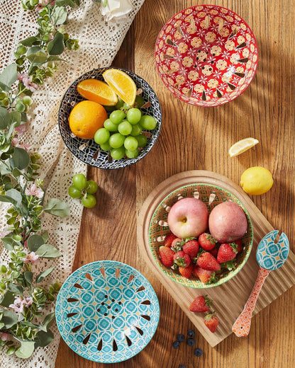 Metahom Ceramic Berry Basket, 6" Colorful Fruit Bowl, Round Berry Colander, Cute Small Container for Strawberry, Fruit Basket for Kitchen Counter, Set of 4