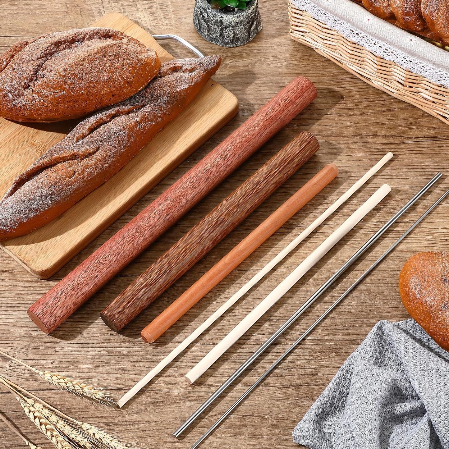 Baderke 7 Pcs Italian Rolling Pins Set Wood and Stainless Steel Pasta Rolling Pin Dough Pasta Roller for Making Wontons, Dumplings, Pastas, Ramen, Udon Noodles, Flat Bread, Tortillas