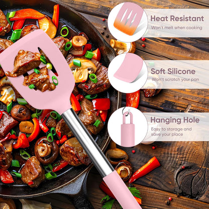 TeamFar Kitchen Utensils Set of 8, Silicone Utensils Kitchen Tools Set with Stainless Steel Handle, for Frying Serving Flipping Draining, Non-toxic & Heatproof, Nonstick & Dishwasher Safe - Black