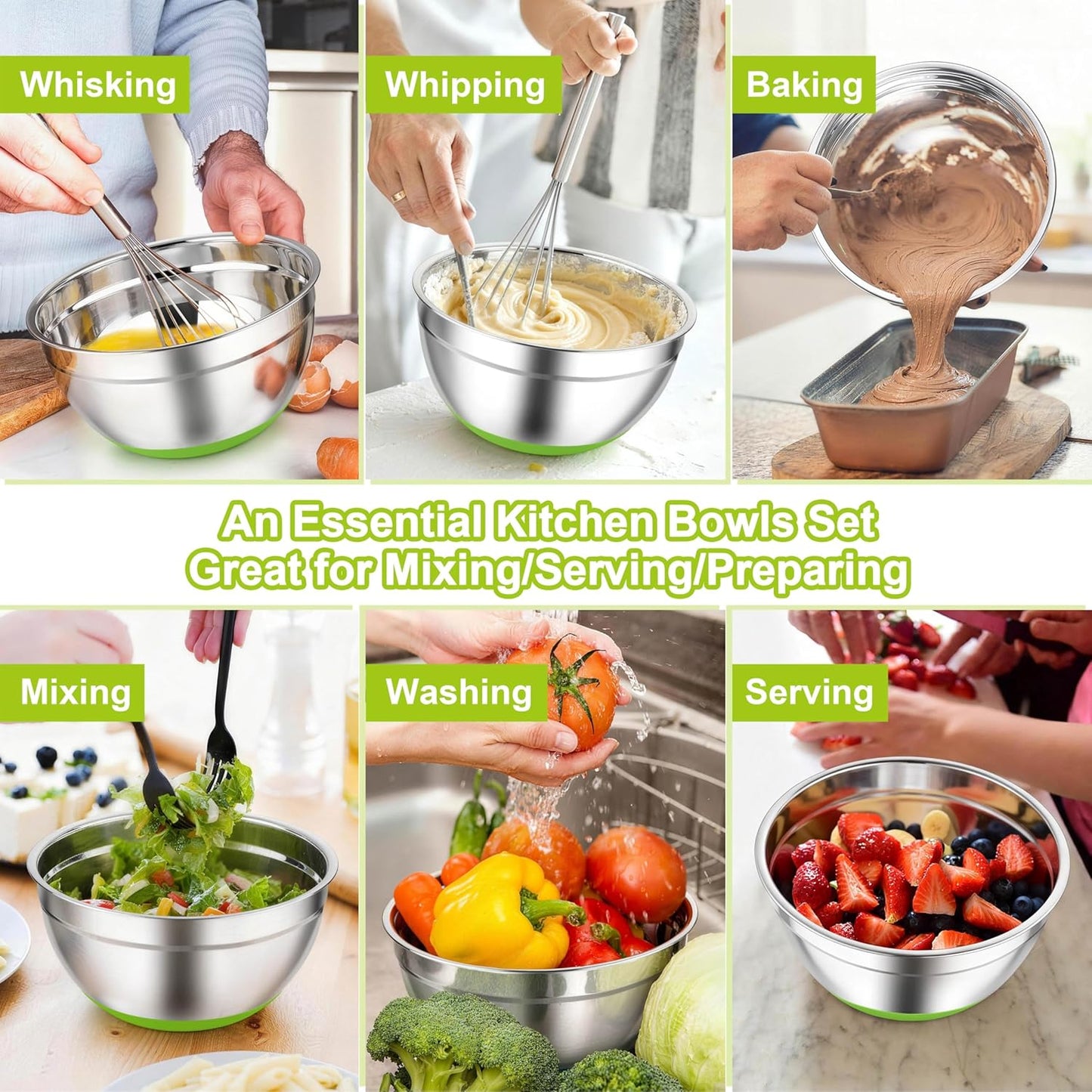 TeamFar Mixing Bowls, Black Mixing Bowls with Lids Set, Stainless Steel Nesting Salad Bowl with Air-tight Lid & Silicone Bottom, Non Slip & Stackable - Set of 6-4.6/2.6/2 / 1.5/1 / 0.7 Qt