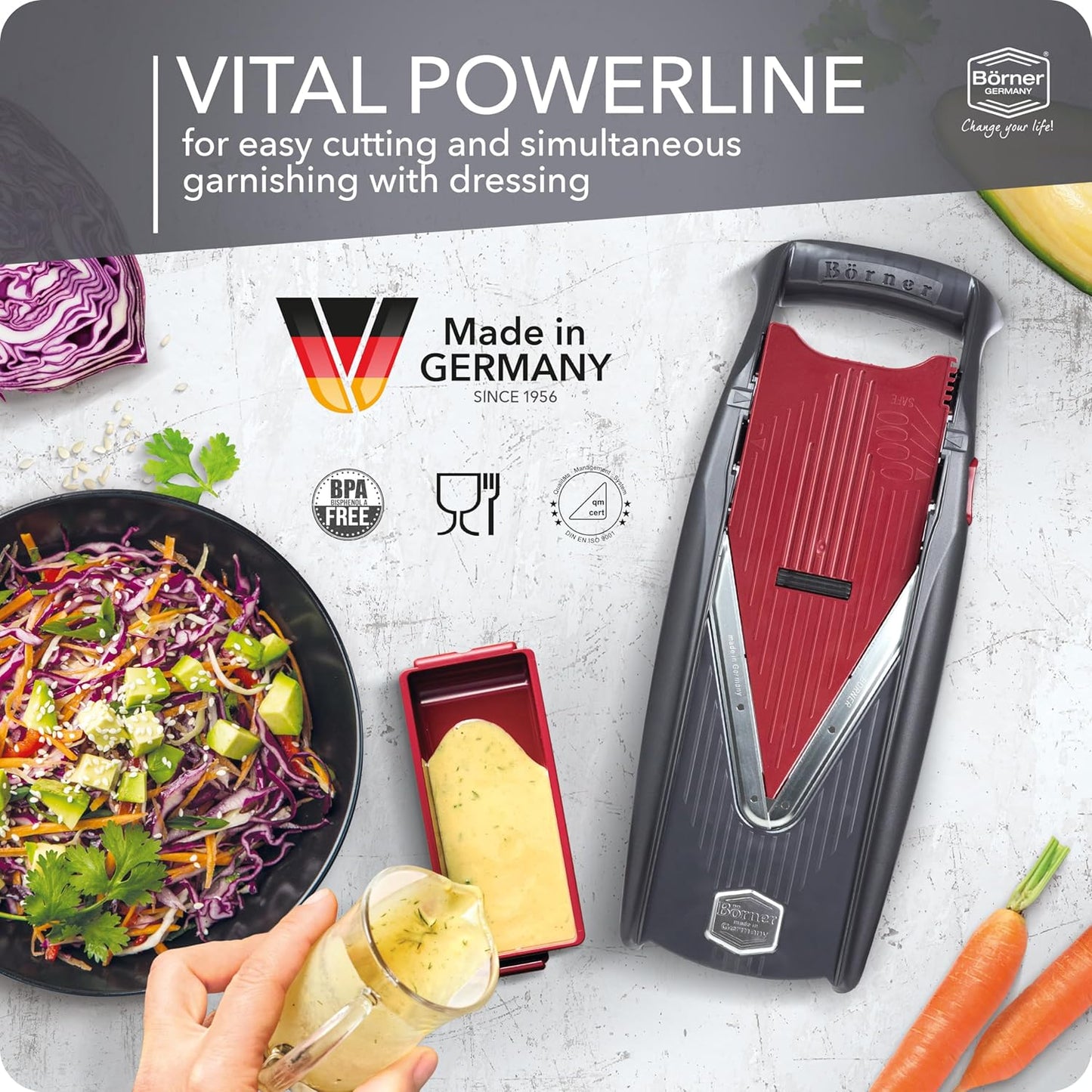 Börner Mandoline Slicer Vital (Profi Set) • Vegetable Slicer with Stainless Steel V-Blade & Dressing Function • 12 Cutting Styles • For Slices, Zoodles, Strips, & Dices in Various Thicknesses