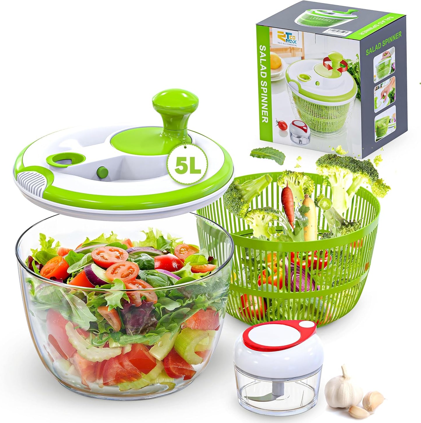 Salad Spinner, 5L Large Capacity Lettuce Washer with Easy Spin Mechanism, BPA-Free Vegetable Dryer for Kitchen.