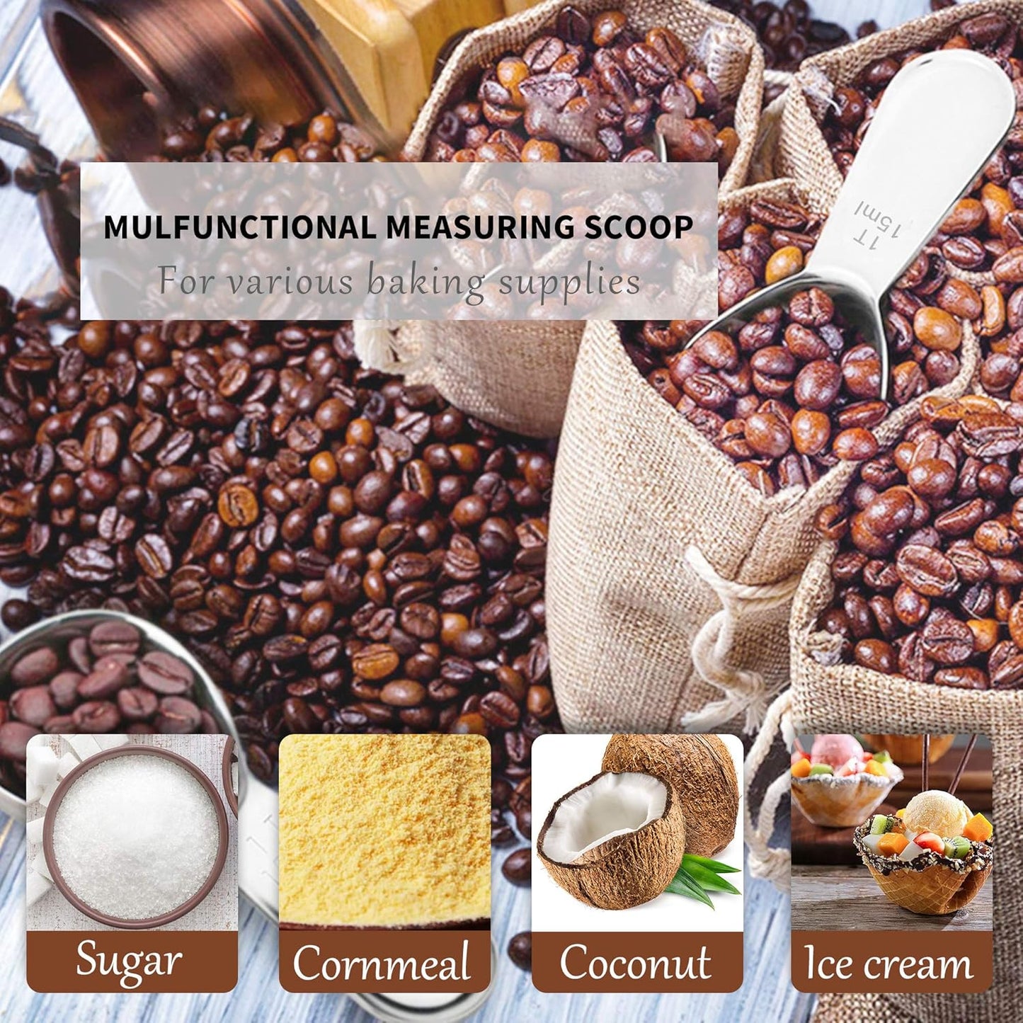 Coffee Scoop, Gold Stainless Steel Coffee Spoons Set, 1 tablespoon (15ml) and 1 tablespoons (30ml) Spoon, Gold Tablespoon Measure Spoon for Coffee, Milk Powder, Fruit Powder, 2 Pack(Long Handle)