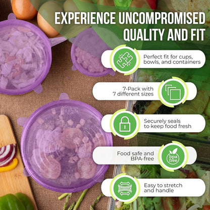 Reusable Silicone Stretch Lids for Food Storage in Fridge - Elastic Heat-Resistant Bowl Covers, Cups, Cans, Jars - Universal Food Grade Lid for Round and Rectangle Containers - Dishwasher Safe -7 Pack