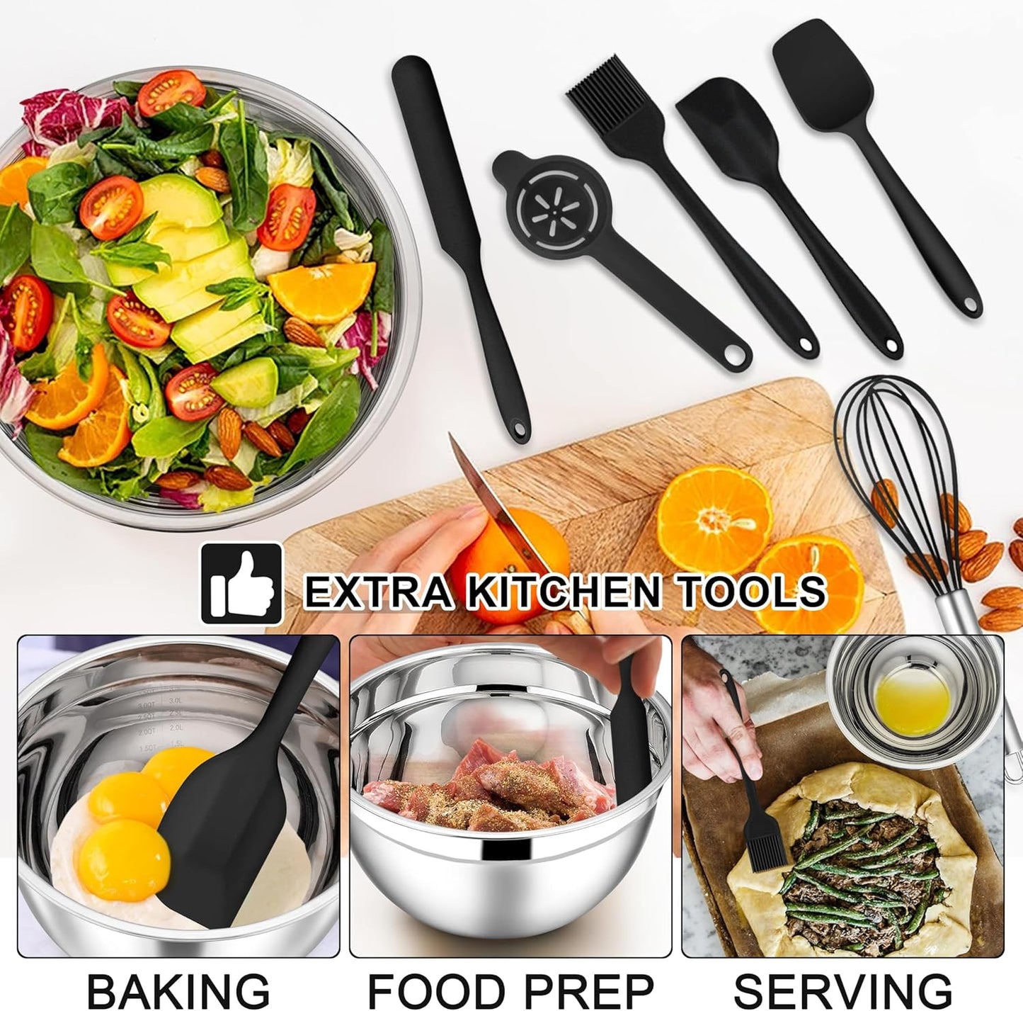 E-far Stainless Steel Mixing Bowls with Lids Set, 5-Piece Nesting Salad Bowls with 3 Grater Attachments and Non-Slip Bottoms, Size 4.6, 2.6, 2, 1.5, 1QT for Kitchen (Black)