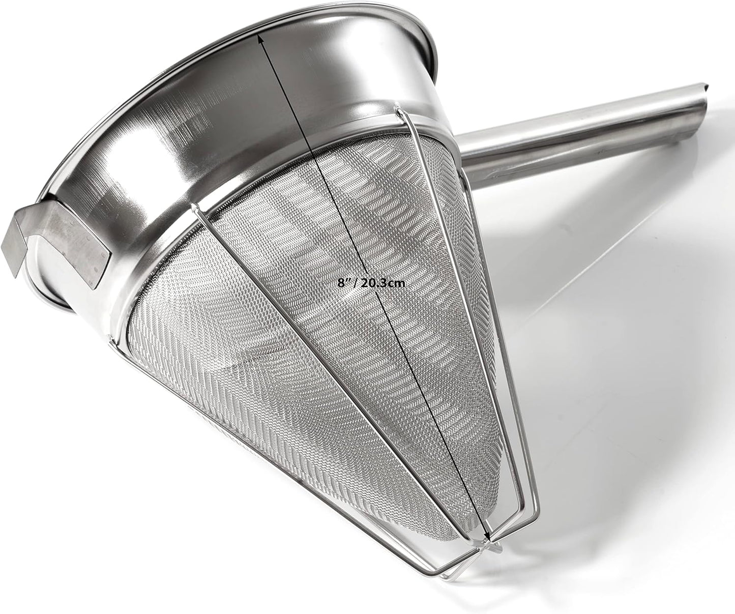 PINKIECLINK Bouillon Strainer - Stainless Steel Fine Mesh Metal Food Chinois, Cone Separator, Kitchen Colander Sieve for Sauce Jam Jelly Tea, 8" - With Spatula