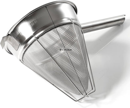 PINKIECLINK Bouillon Strainer - Stainless Steel Fine Mesh Metal Food Chinois, Cone Separator, Kitchen Colander Sieve for Sauce Jam Jelly Tea, 8" - With Spatula