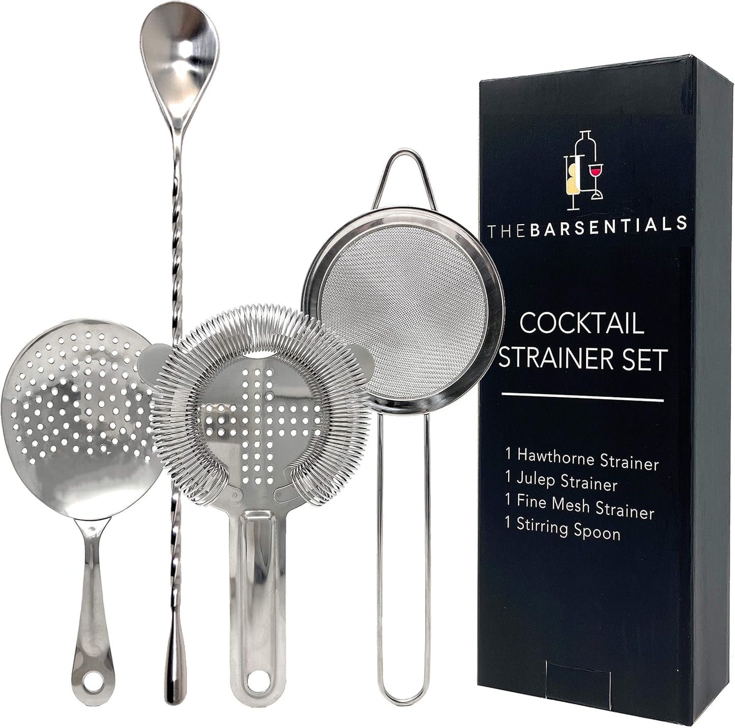 Cocktail Strainer Set Stainless Steel Bar Tools with Stirring Spoon - Hawthorne, Julep, & Fine-Mesh Sifter for Drinks