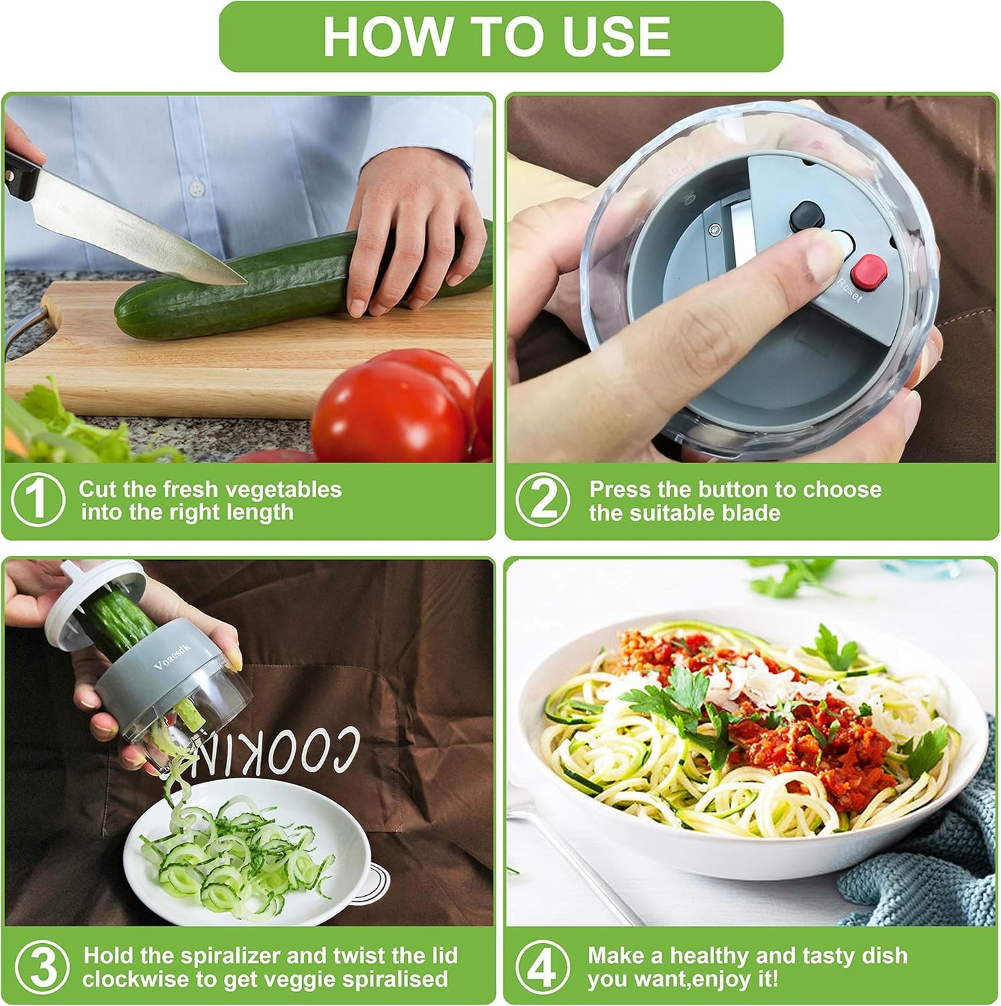 Handheld Spiralizer Vegetable Slicer,4 in 1 Heavy Duty Veggie Spiralizer Zucchini Spaghetti Maker,Vegatable Spiral Slicer for Salad,Carrot,Fruit,Cucumber,Zucchini,Onion Noodle Maker (Gray)