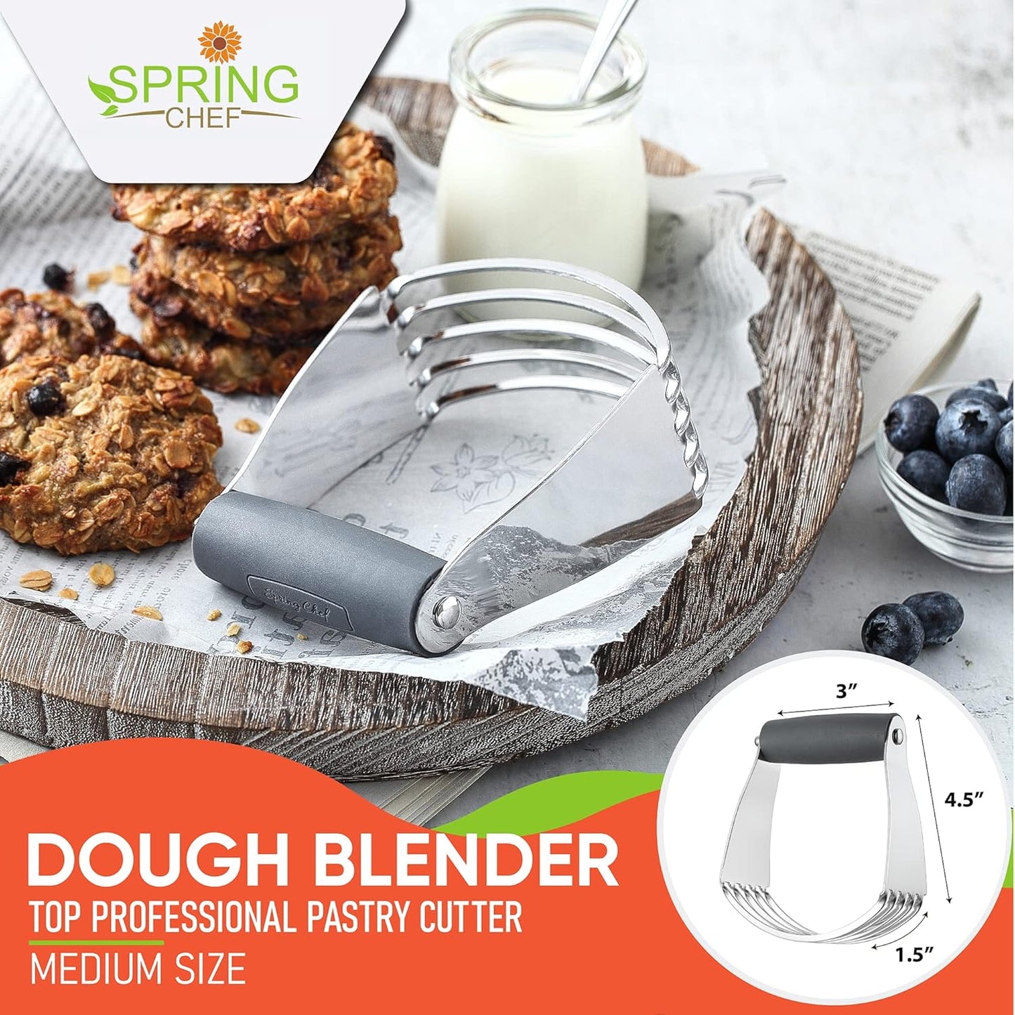 Spring Chef Dough Blender, Top Professional Pastry Cutter with Heavy Duty Stainless Steel Blades, Medium Size, Black