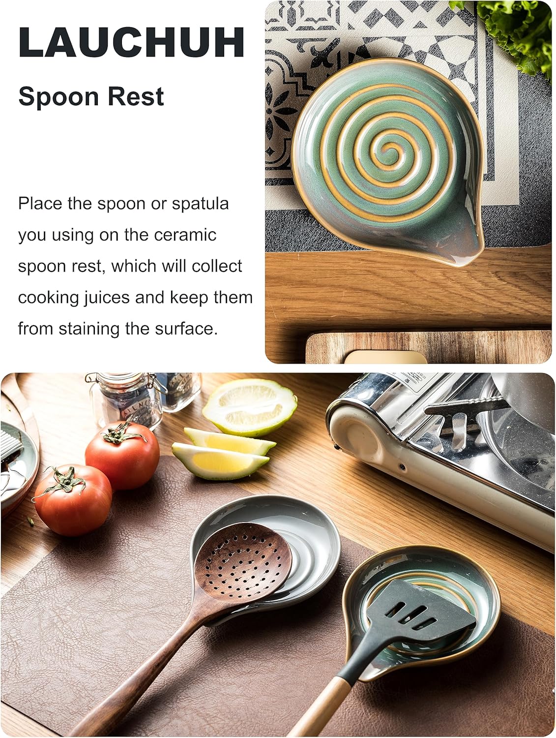 LAUCHUH Spoon Rest, Large Ceramic Spoon Holder for Kitchen Counter Spatula Rest Heat-Resistant Spoon Rest for Stove Top Cooking Utensil Holder, Farmhouse Kitchen Décor for Father's Day, Cream, 5 Inch