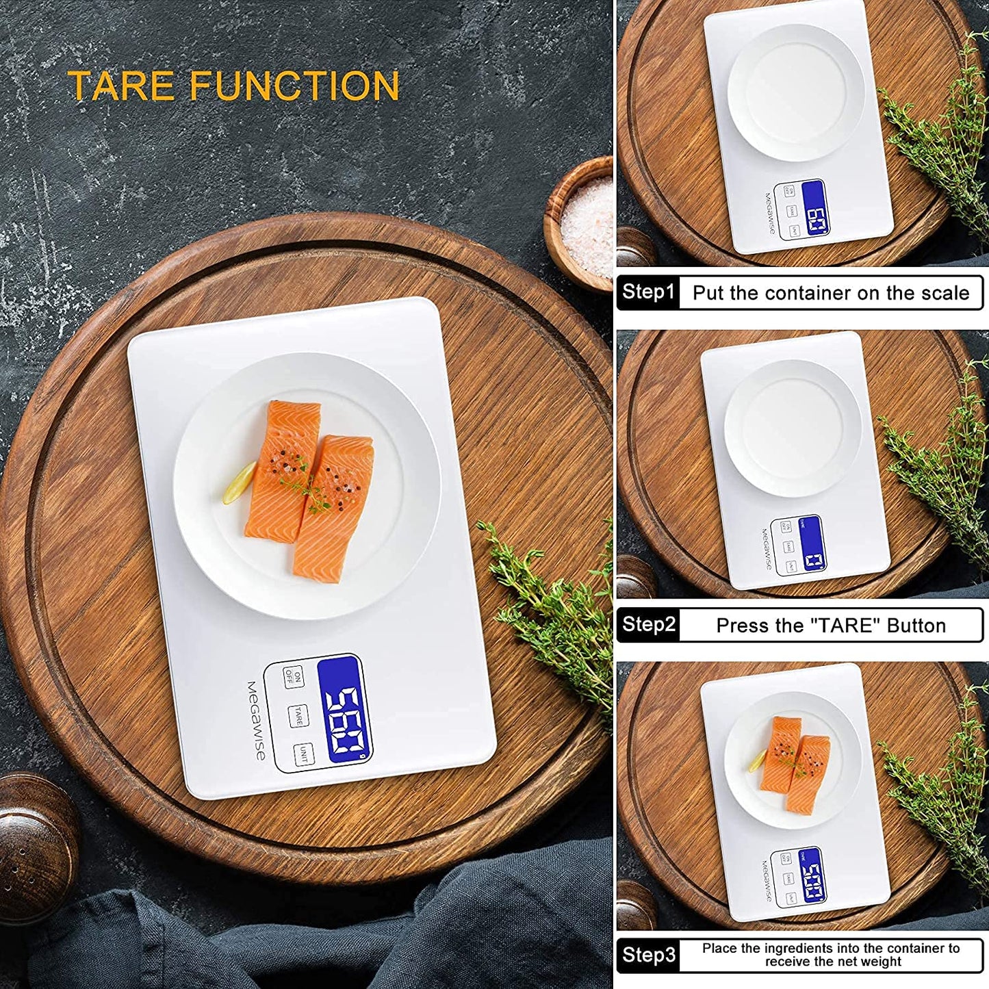 MegaWise Precision Food Scale, 33lb Waterproof Rechargeable Digital Kitchen Scale, 1g/0.04oz Precise Graduation, Weight Grams and Ounces for Cooking Baking, 5 Units Conversion, Tare Function
