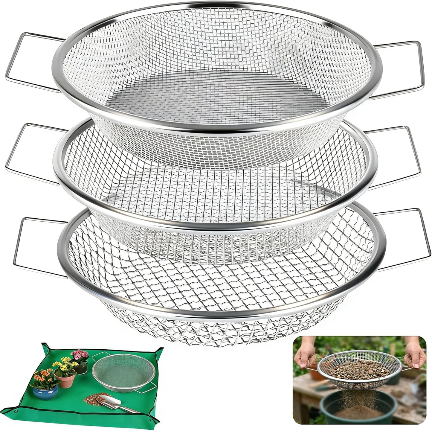 2PCS Soil Sifter for Gardening with Handle,Stainless Steel Rock Compost Soil Sifter for 5 Gallon Bucket,1/4in,1/8in Mesh Garden Sifting Screen Gravel Sawdust Vermicompost with Repotting Mat