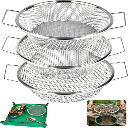 2PCS Soil Sifter for Gardening with Handle,Stainless Steel Rock Compost Soil Sifter for 5 Gallon Bucket,1/4in,1/8in Mesh Garden Sifting Screen Gravel Sawdust Vermicompost with Repotting Mat