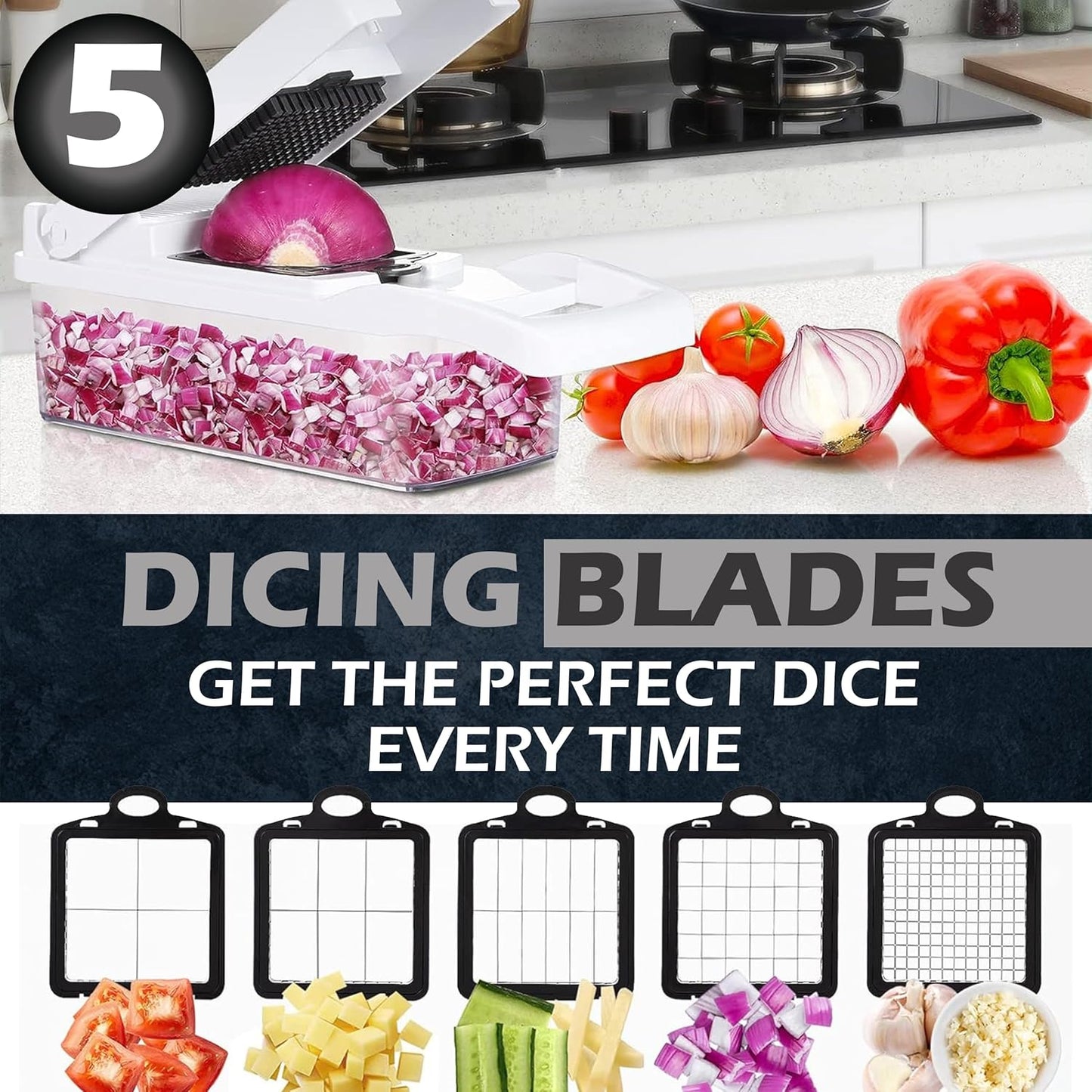 26-in-1 - Heavy Duty Vegetable Chopper with Container - Stainless Steel Blades - Slicer, Chopper, Spiral & Dicer for Veggies With Hand Guard, Cut Resistant Gloves & Cleaning Brushes - Black