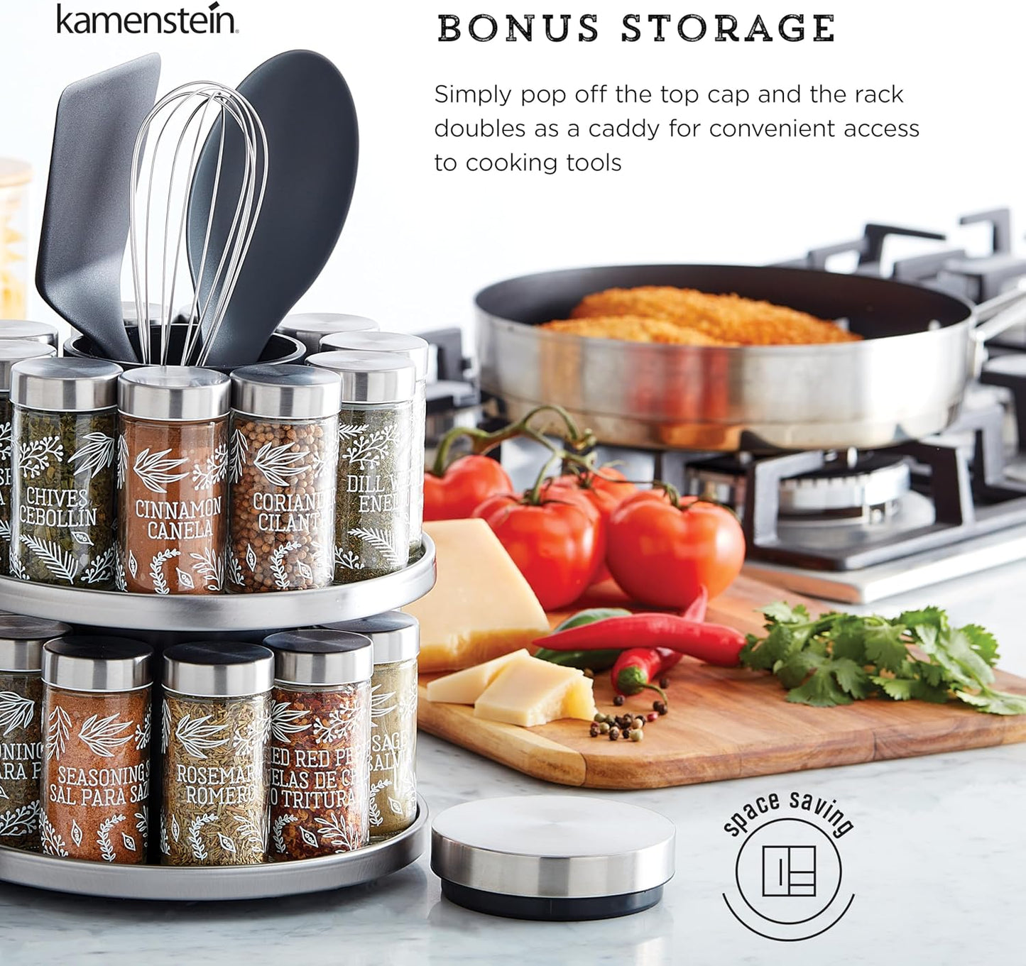 Kamenstein 20 Jar Revolving Countertop Spice Rack with Spices Included, FREE Spice Refills for 5 Years, Polished Stainless Steel with Black Caps, 30020