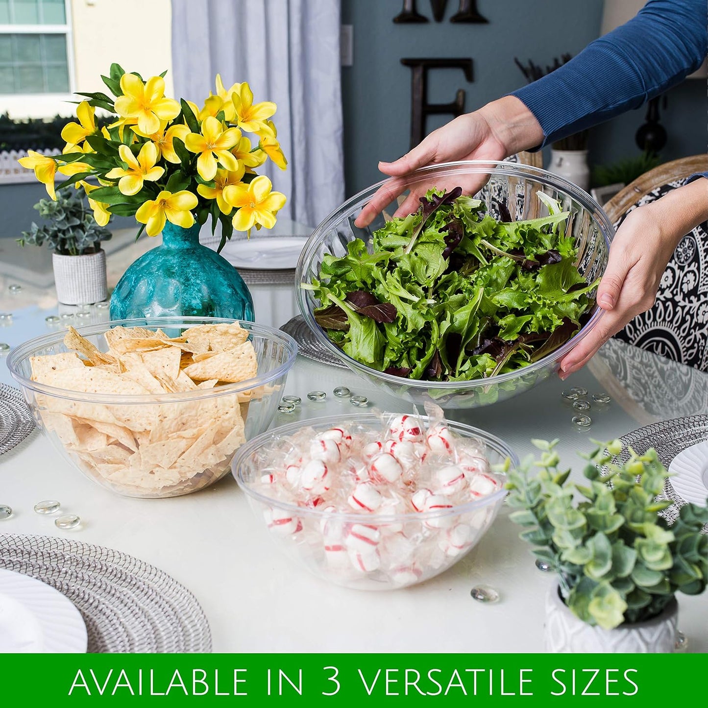 PLASTICPRO Disposable 48 Ounce Round Crystal Clear Plastic Serving Bowls With Lids, Party Snack or Salad Bowl, Chip Bowls, Snack Bowls, Candy Dish, Salad Container Pack of 2