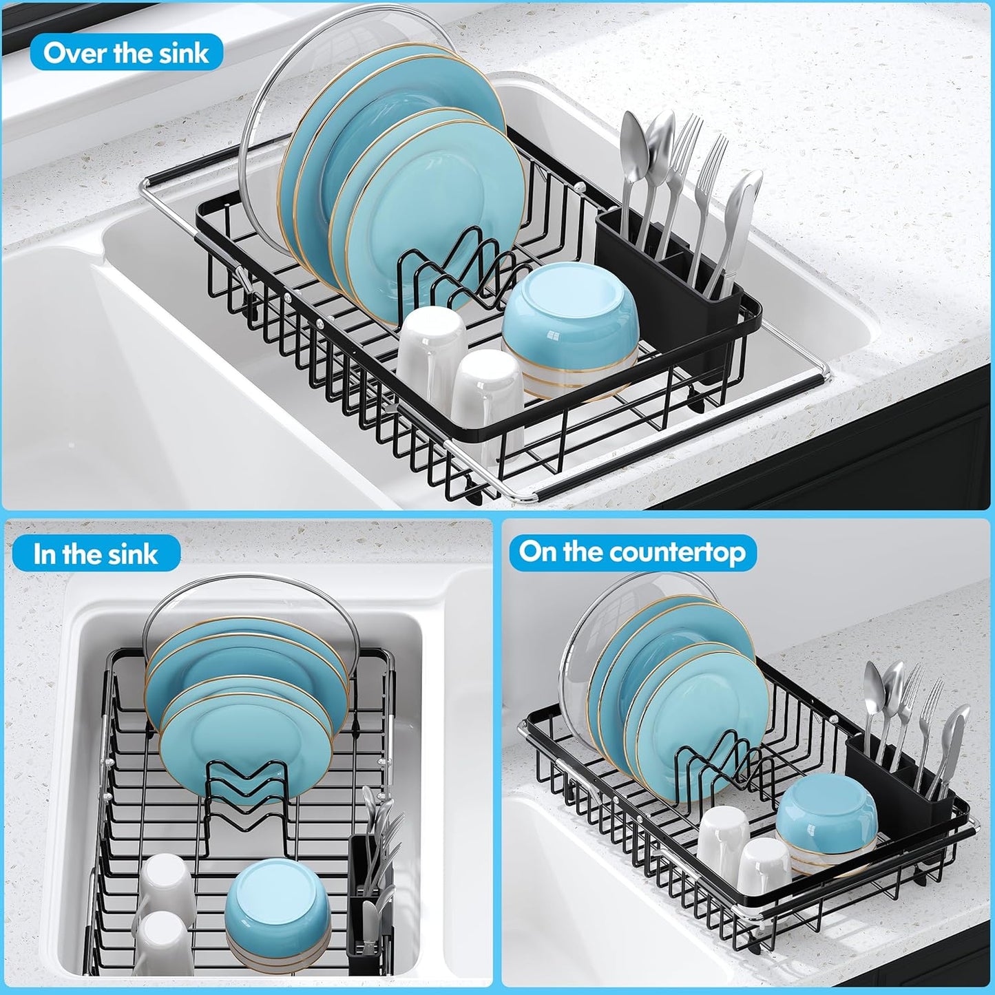 JASIWAY Roll Up Dish Drying Rack, Expandable (12.8"-23.8" D x 12.8" W) Stainless Steel Portable Drainer for Kitchen Sink Counter, Foldable Over The Sink Cover with Removable Utensil Holder