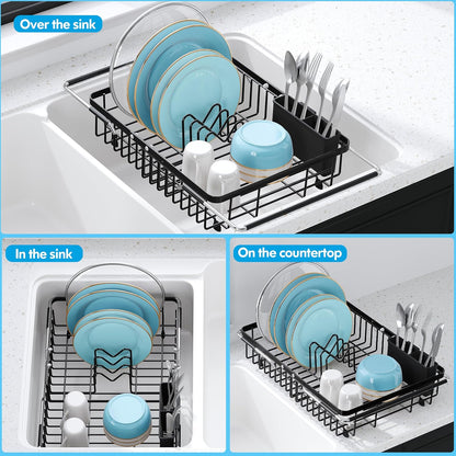 JASIWAY Roll Up Dish Drying Rack, Expandable (12.8"-23.8" D x 12.8" W) Stainless Steel Portable Drainer for Kitchen Sink Counter, Foldable Over The Sink Cover with Removable Utensil Holder