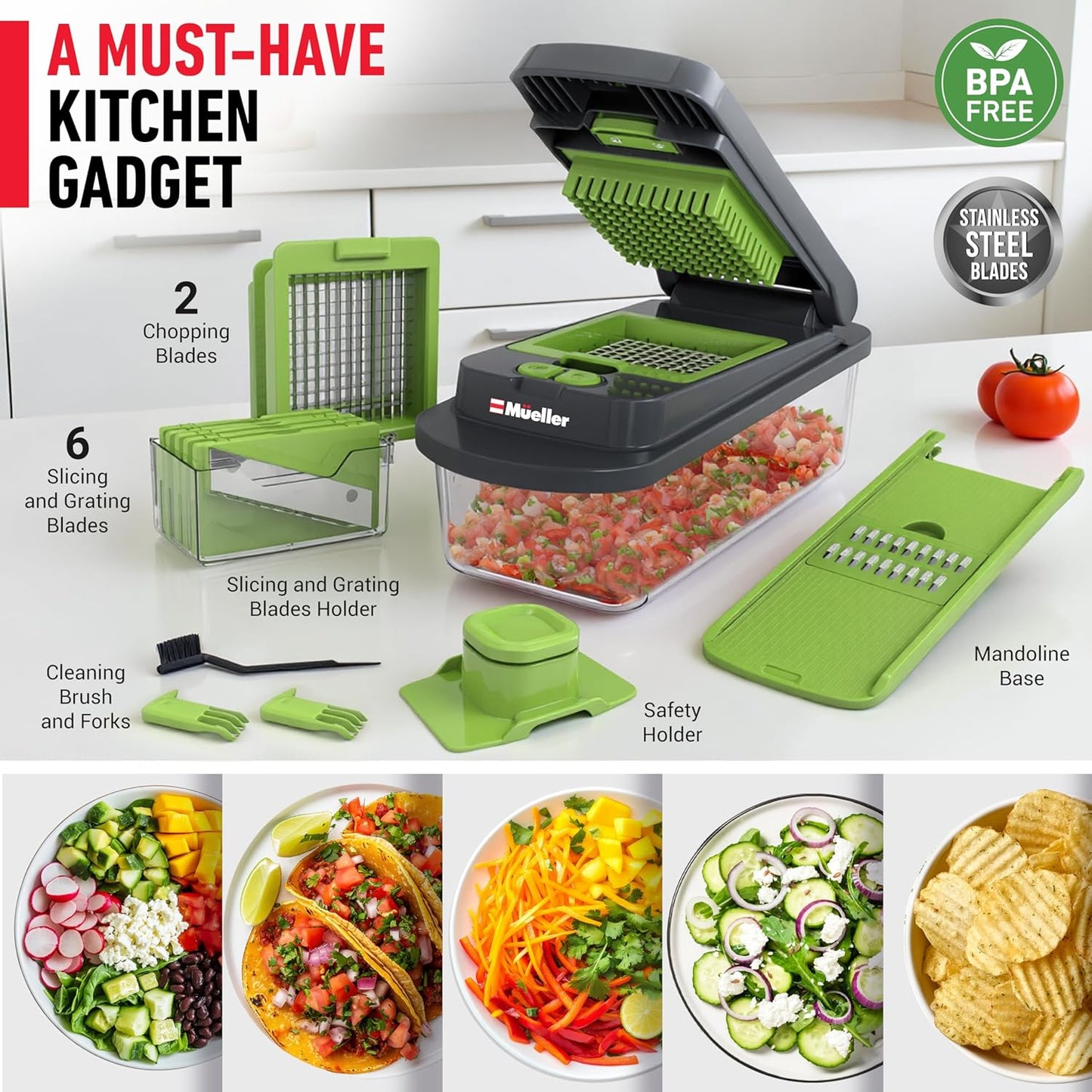 Mueller Pro-Series 10-in-1, 8 Blade Vegetable Chopper, Onion Mincer, Cutter, Dicer, Egg Slicer with Container, French Fry Cutter Potato Slicer, Home Essentials, Salad Chopper White Sand/Green