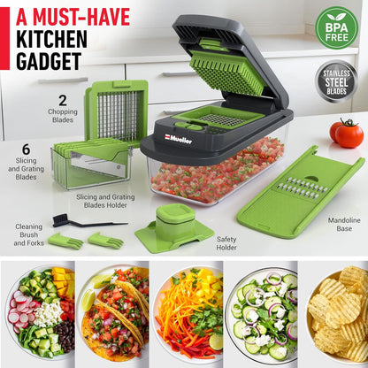 Mueller Pro-Series 10-in-1, 8 Blade Vegetable Chopper, Onion Mincer, Cutter, Dicer, Egg Slicer with Container, French Fry Cutter Potato Slicer, Home Essentials, Salad Chopper White Sand/Green