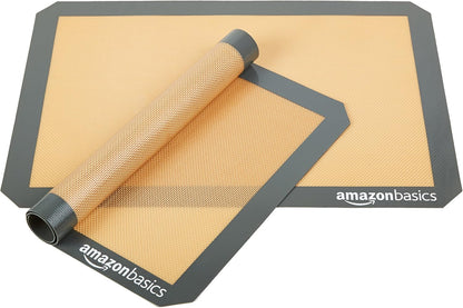 Amazon Basics Silicone Rectangular Baking Mat, Non-Stick, Reusable, Dishwasher Safe, Food Safe, Heat Resistant, 16.5" x 11.6", Beige/Gray, 2-Pack