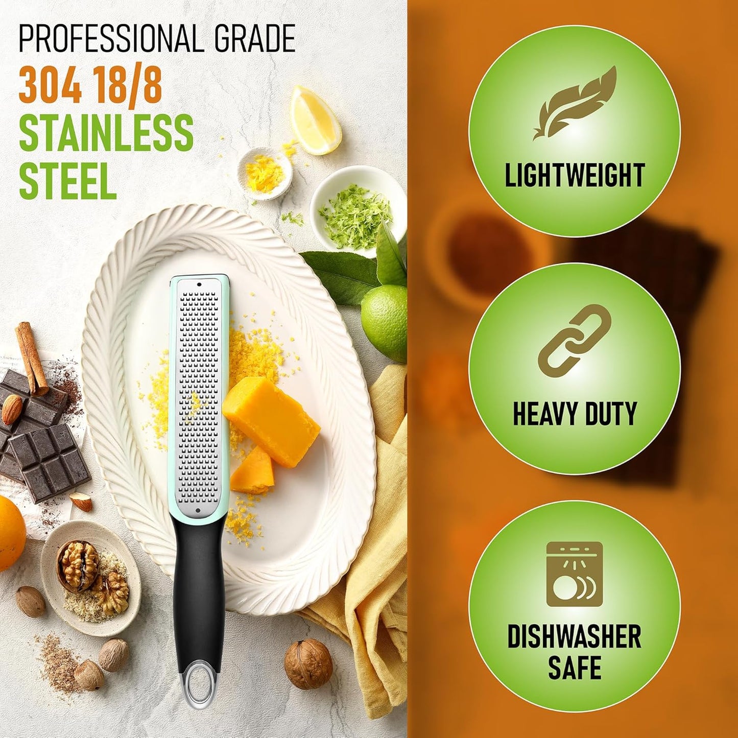 Spring Chef Premium Lemon Zester Grater with Handle - Fruits, Garlic, Chocolate, Nutmeg, Ginger Grater - Heavy Duty Kitchen Tool - Stainless Steel Citrus Zester with Blade Cover - Fine Shred, Black