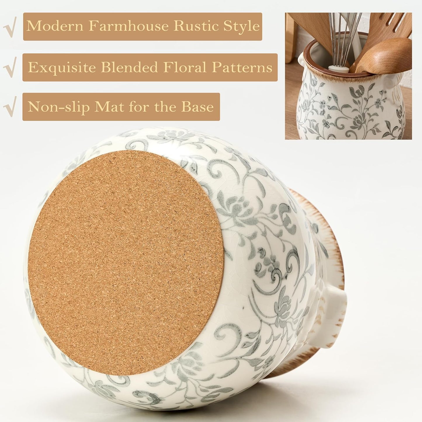 Utensil Holder for Kitchen Counter, Modern Farmhouse Rustic Cooking Utensil Holder and Crock, Exquisite Chinoiserie Floral Ceramic Utensil Organizer for Home Kitchen Decor- Green and Beige