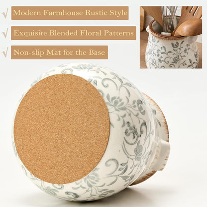 Utensil Holder for Kitchen Counter, Modern Farmhouse Rustic Cooking Utensil Holder and Crock, Exquisite Chinoiserie Floral Ceramic Utensil Organizer for Home Kitchen Decor- Green and Beige