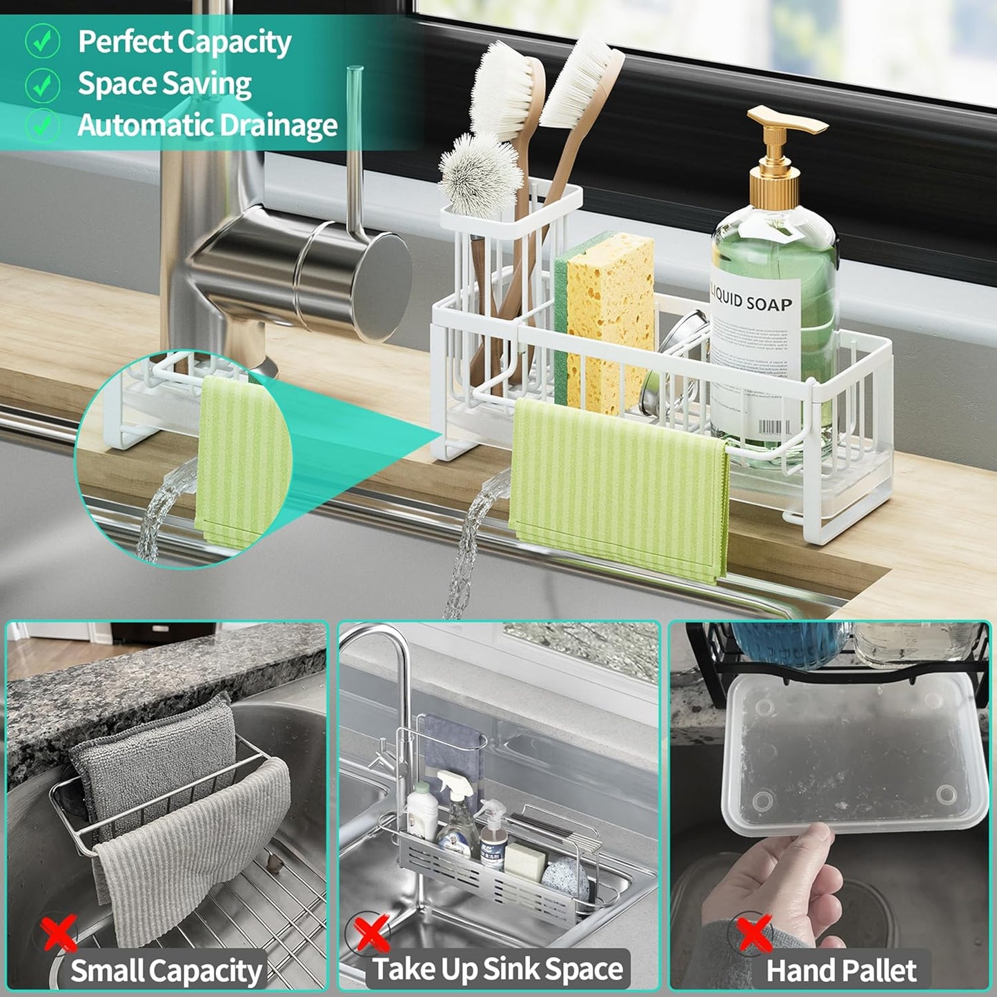 HapiRm Sponge Holder for Kitchen Sink - Self-draining Sink Caddy with Brush and Dishcloth Holders, Stainless Steel Kitchen Countertop Organizers and Storage Essentials - Black