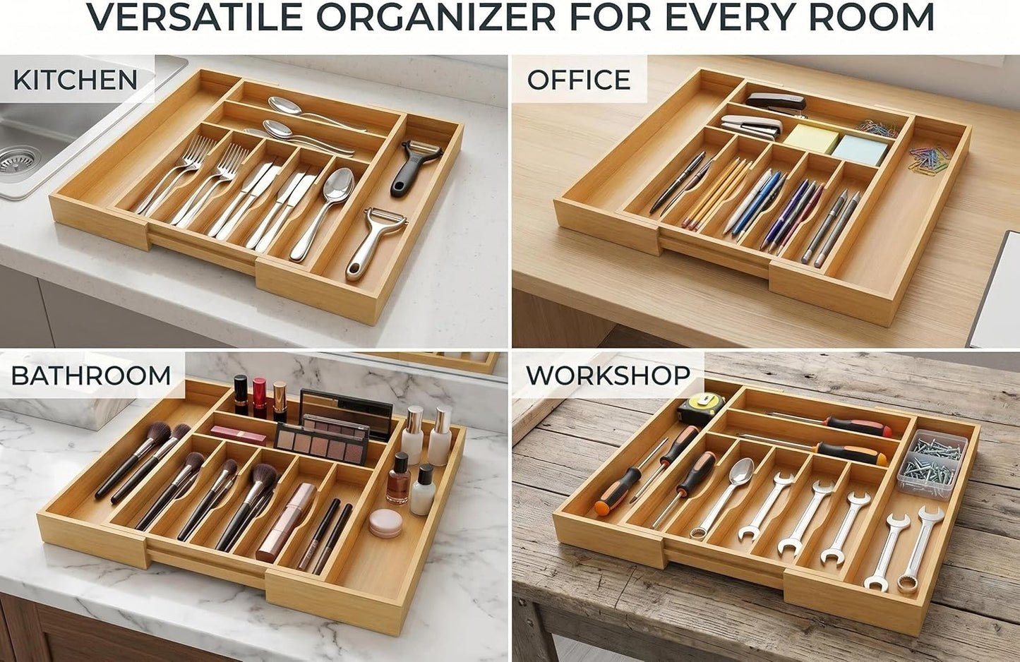 Expandable Bamboo Silverware Drawer Organizer - 20" Extra Wide Cutlery Tray with 9 Deep Compartments - 17.3" Length Large Utensil Holder & Kitchen Drawer Divider (Natural)