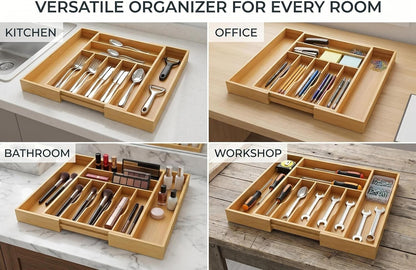 Expandable Bamboo Silverware Drawer Organizer - 20" Extra Wide Cutlery Tray with 9 Deep Compartments - 17.3" Length Large Utensil Holder & Kitchen Drawer Divider (Natural)