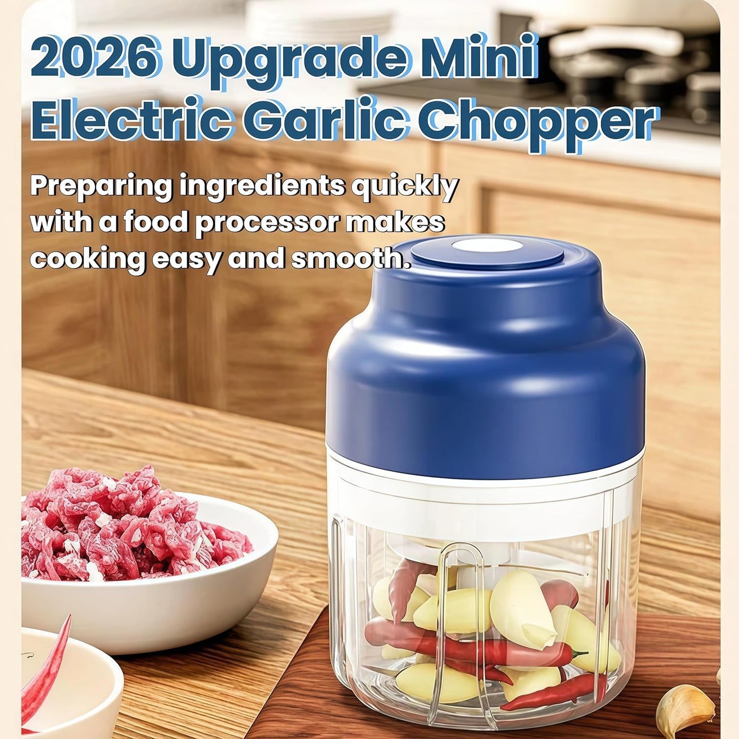 2026 Upgrade Electric Garlic Chopper Mini, 320 ml Small Garlic Chopper Mincer with 6 Stainless Steel Blades, Portable Rechargeable Cordless Chopper for Onion,Chili,Ginger,Nuts,Meat & Fruits (Blue)