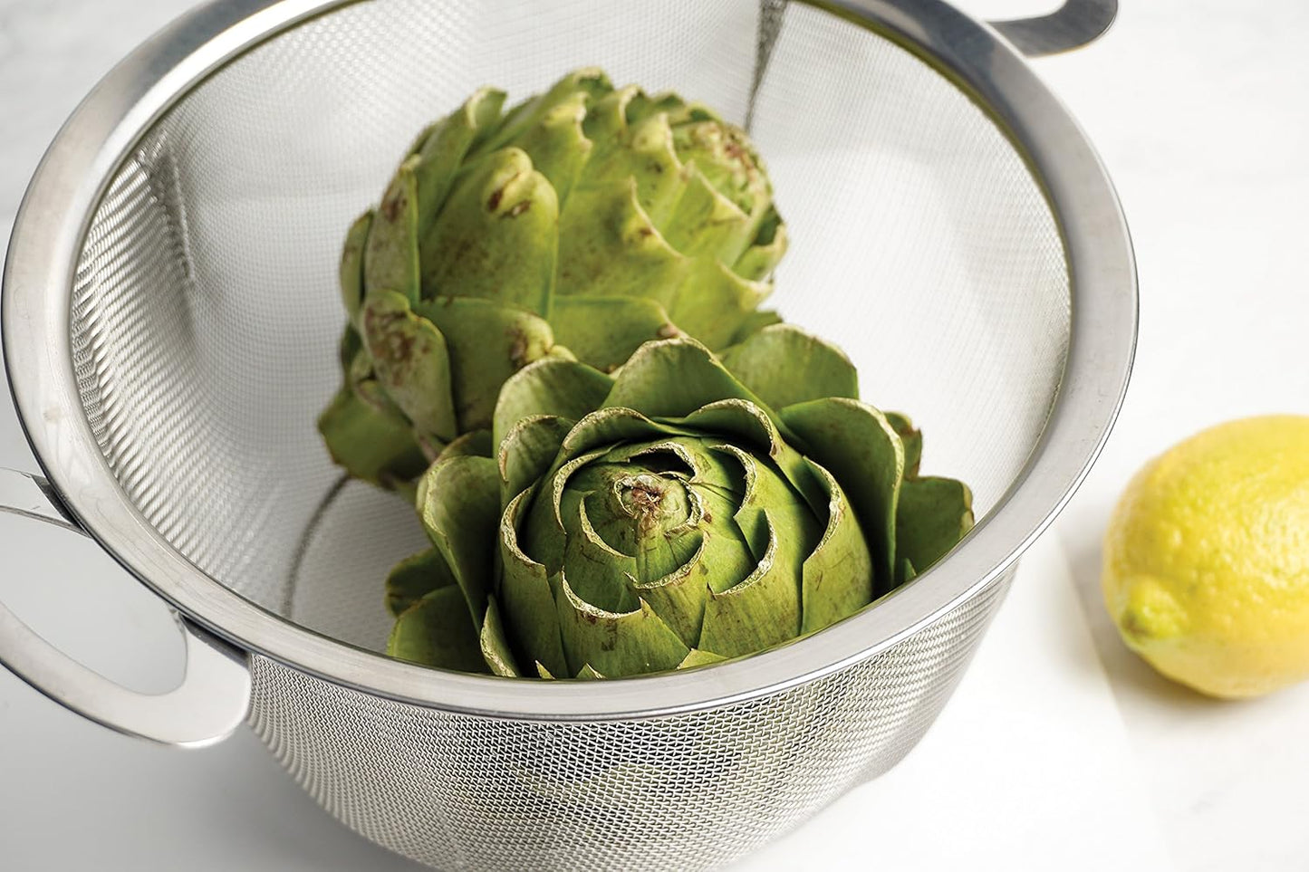 RSVP International Mesh Colander Strainer Basket with Folding Handles, 3 Quarts | For Pasta, Frying, & Salads | Dishwasher Safe | Use in Pressure Cookers | Steaming, Draining & Rinsing