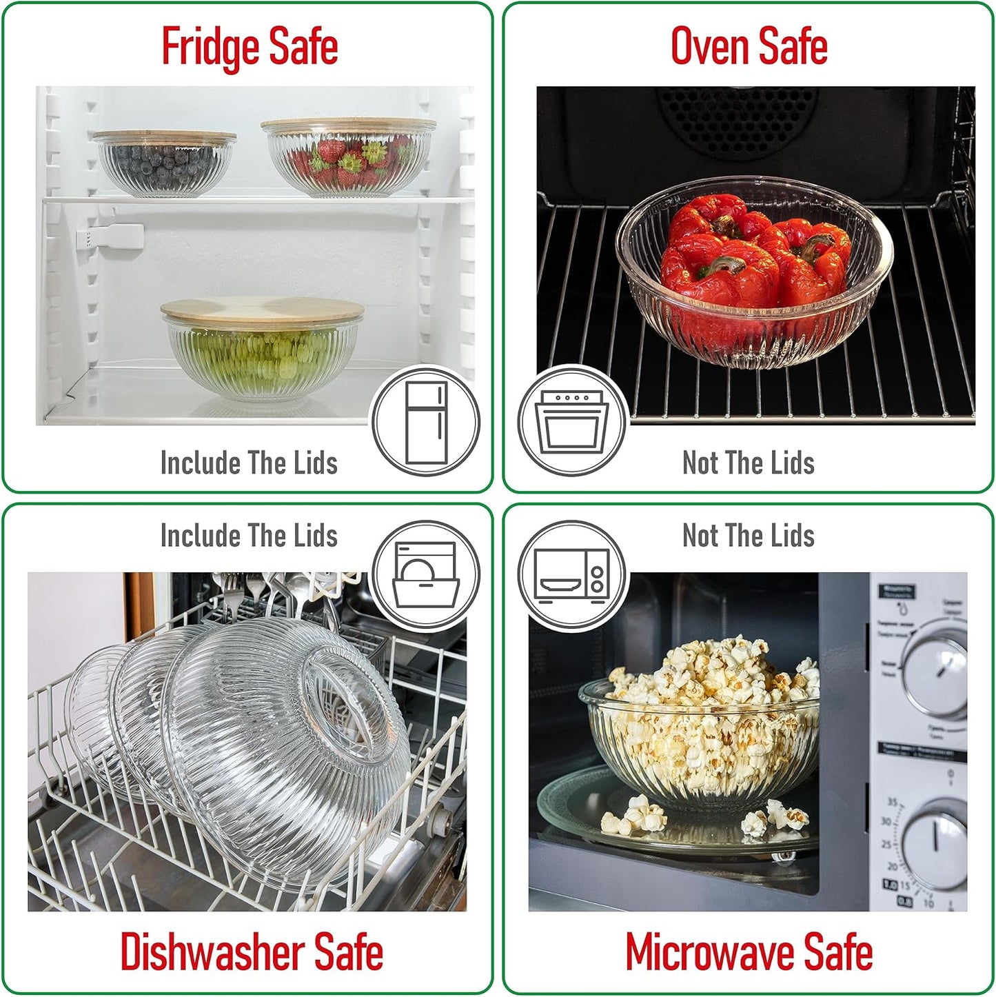 Set of 5 Nesting Glass Bowls with New Updated Acacia Lids for Foodprep, Storage, Mixing & Cooking - Microwave & Oven-ready BPA Free Durable Heat Resistant Inert Borosilicate Glass