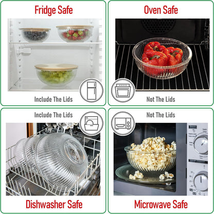 Set of 5 Nesting Glass Bowls with New Updated Acacia Lids for Foodprep, Storage, Mixing & Cooking - Microwave & Oven-ready BPA Free Durable Heat Resistant Inert Borosilicate Glass