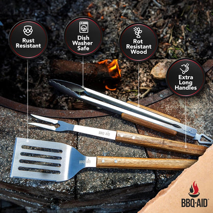 BBQ-AID Pro BBQ Tongs for Grill - 17" Professional Grade Barbecue Tongs for Cooking- Solid & Sturdy - Built with 304 Grade Stainless Steel and Acacia Wood - Heavy Duty Built to Last Kitchen essential.